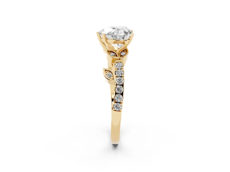 Heart Cut Diamond Solitaire Leaf-Inspired Ring Set in Yellow gold with Pavé Band and Prong Setting