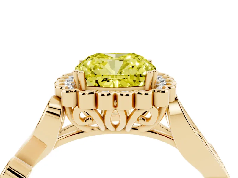 Cushion Cut Leaf Halo Engagement Ring Setting for a Fancy Yellow Lab-Grown Diamond | Yellow Gold