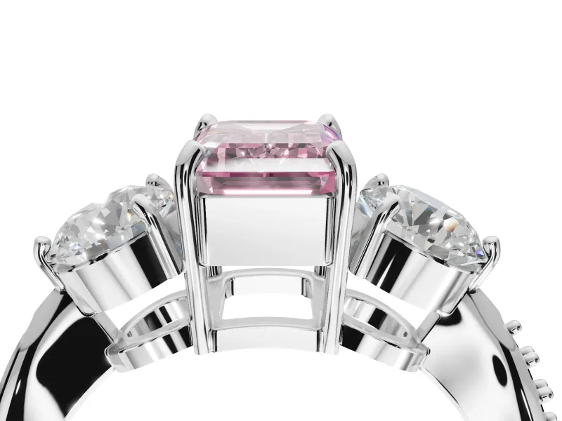 Emerald Cut Three Stone Engagement Ring Setting for a Fancy Pink Lab-Grown Diamond | Tapered Pave Band | White Gold