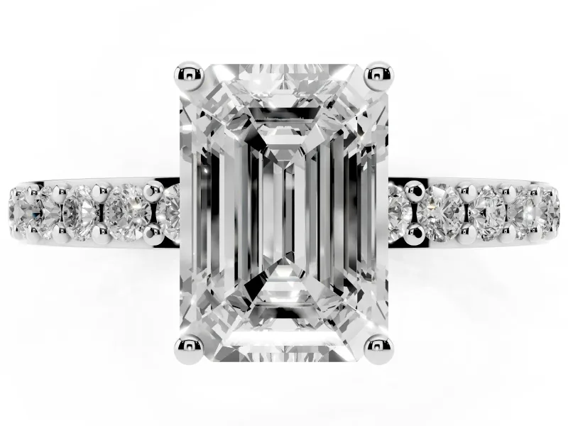 Emerald Cut Diamond Solitaire Set in Platinum with Round Pavé Band and Prong Setting