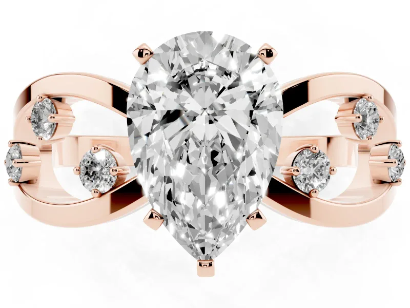 Pear Cut Diamond Solitaire Ring Set in Rose gold with Side Stones on Criss-Cross Band and Prong Setting
