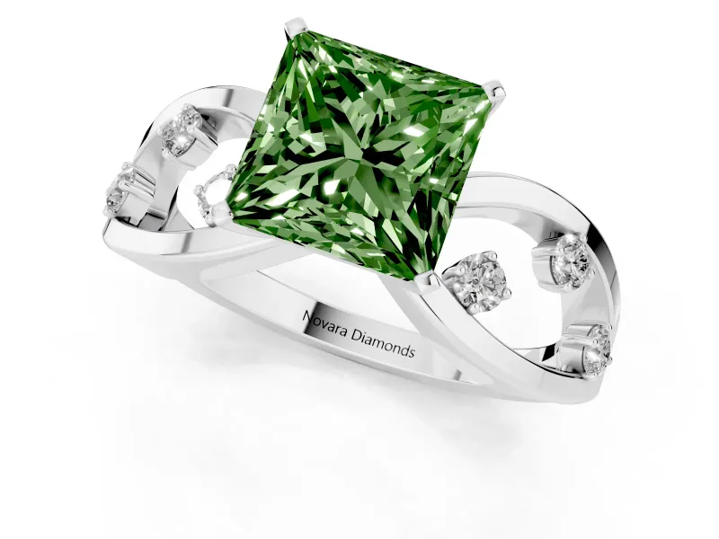 Fancy Green Princess Cut Diamond Solitaire Ring Set in Platinum with Side Stones on Criss-Cross Band and Prong Setting