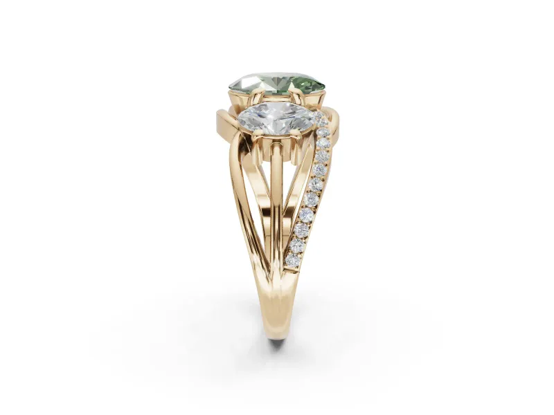 Oval Three Stone Split Shank Engagement Ring Setting for a Fancy Green Lab-Grown Diamond | Matching Sides | Yellow Gold