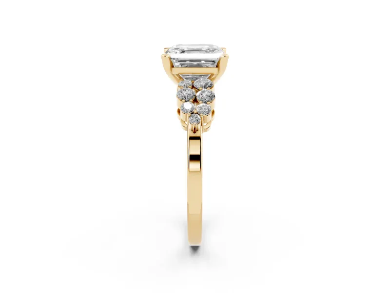Asscher Cut Diamond Cluster Engagement Ring Set in Yellow gold with Pavé Band and Prong Setting