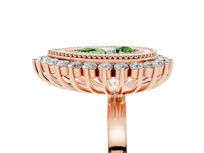 Fancy Green Pear Cut Diamond Halo Ring Set in Rose gold with Milgrain Edge and Round Prong Setting