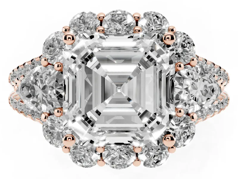 Asscher Cut Diamond Halo Split Shank Engagement Ring Set in Rose gold with Prong-Held Center Stone