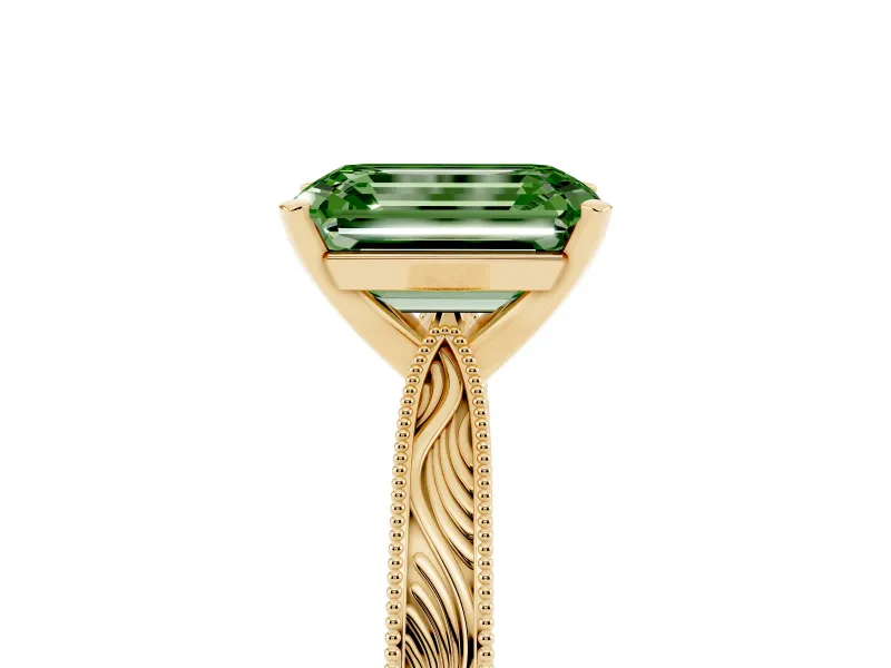 Fancy Green Emerald Cut Diamond Solitaire Milgrain Engraved Band Set in Yellow gold with Prong Setting