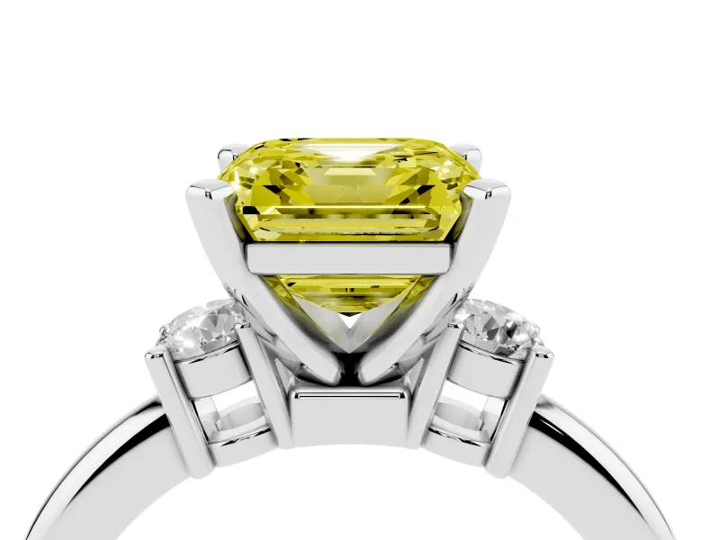 Fancy Yellow Three-Stone Asscher Cut Diamond Ring Set in Silver with Prong Setting and Plain Band