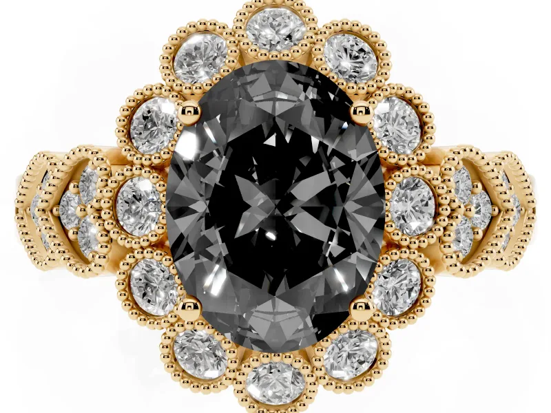 Oval Scalloped Halo Engagement Ring Setting for a Black Center | Heart Pavé Band | Yellow Gold