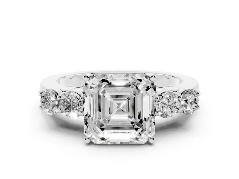 Asscher Cut Diamond Five-Stone Prong Set Band Ring Set in Platinum with Polished Band