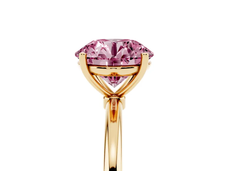 Fancy Pink Round Cut Diamond Solitaire Engagement Ring Set in Yellow gold with Thin Band and Prong Setting