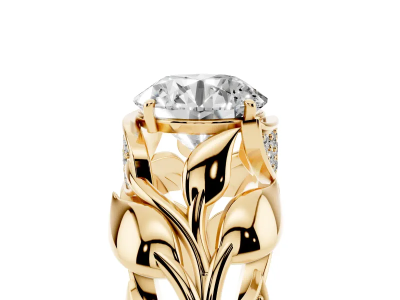 Round Cut Diamond Leaf-Inspired Engagement Ring Set in Yellow gold with Round Accents
