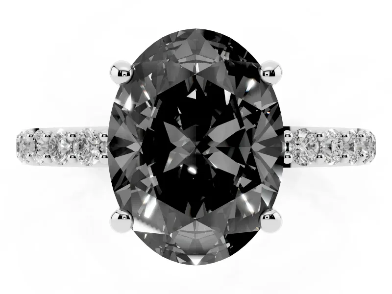 Fancy Black Oval Cut Diamond Solitaire Ring Set in Silver with Round Pavé Band and Prong Setting