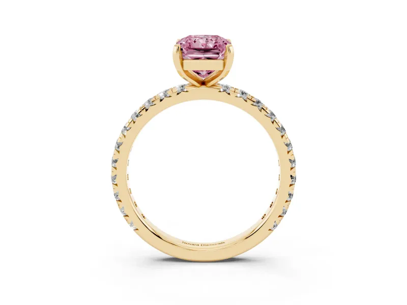 Fancy Pink Radiant Cut Diamond Pavé Solitaire Ring Set in Yellow gold with Round Band and Prong Setting