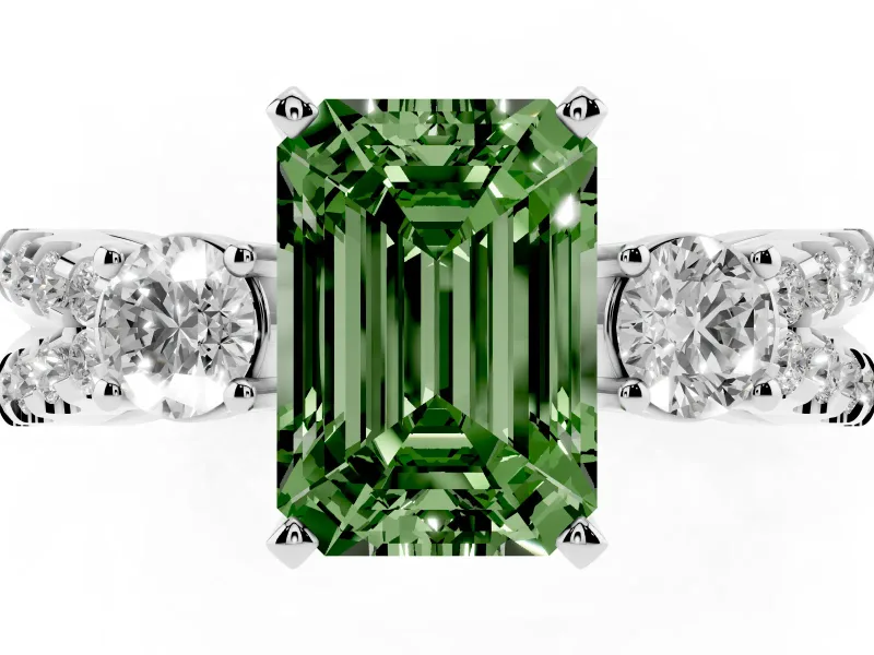 Fancy Green Emerald Cut Diamond Three-Stone Ring Set in Silver with Pavé Split Shank and Prong Setting