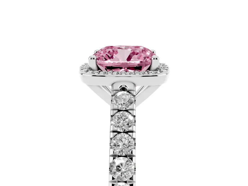 Fancy Pink Cushion Cut Diamond Halo Engagement Ring Set in Platinum with Pavé Band and Prong Setting