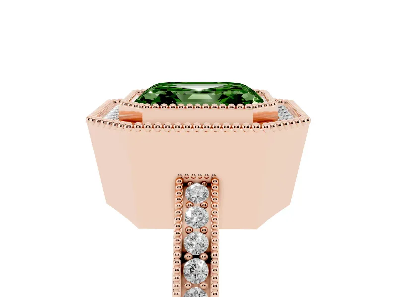 Fancy Green Asscher Cut Diamond Halo Ring Set in Rose gold with Pavé Band and Milgrain-Edged Prongs