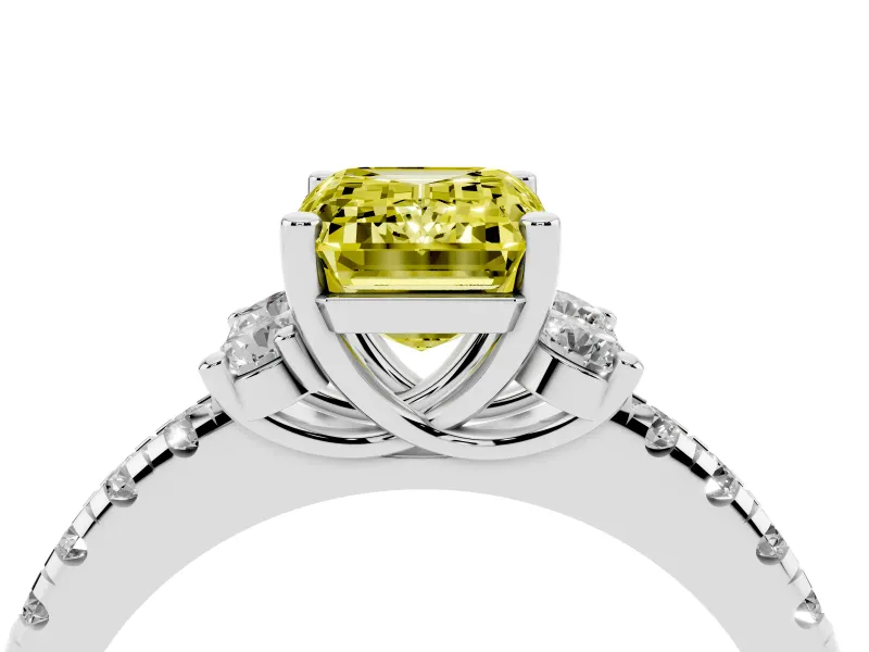 Emerald Cut Side Stone Engagement Ring Setting for a Fancy Yellow Lab-Grown Diamond | Pave Band | Sterling Silver