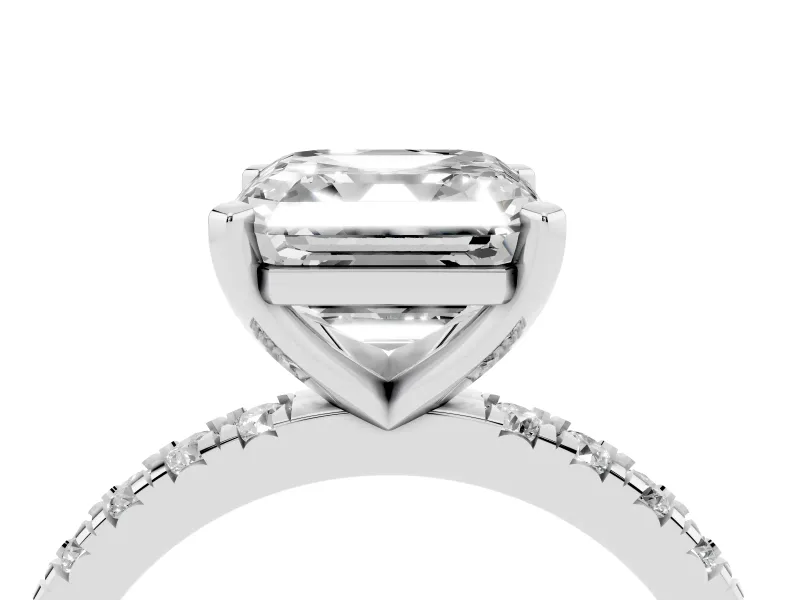 Asscher Cut Diamond Pavé Band Solitaire Set in White gold with Prong Setting