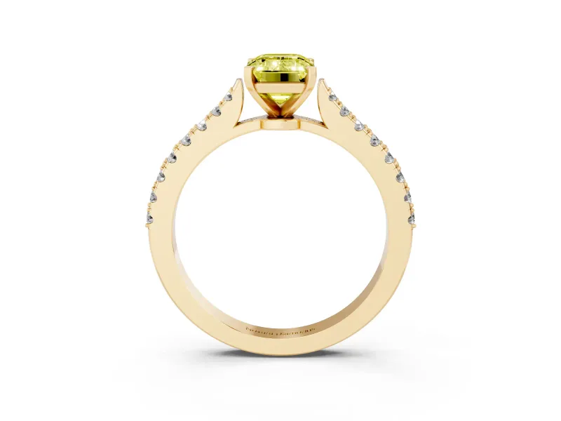 Fancy Yellow Emerald Cut Diamond Solitaire Engagement Ring Set in Yellow gold with Delicate Pavé Band and Prong Setting