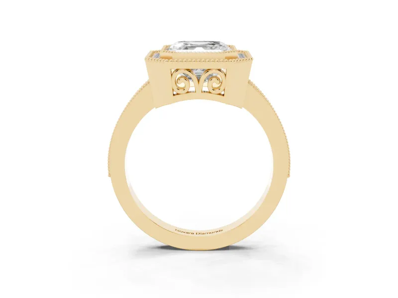 Asscher Cut Vintage Milgrain Halo Engagement Ring Setting | Filigree Gallery | Yellow Gold