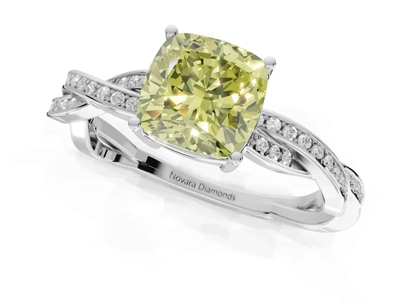 Cushion Cut Twisted Pavé Solitaire Engagement Ring Setting for a Fancy Yellow Lab-Grown Diamond | White Gold