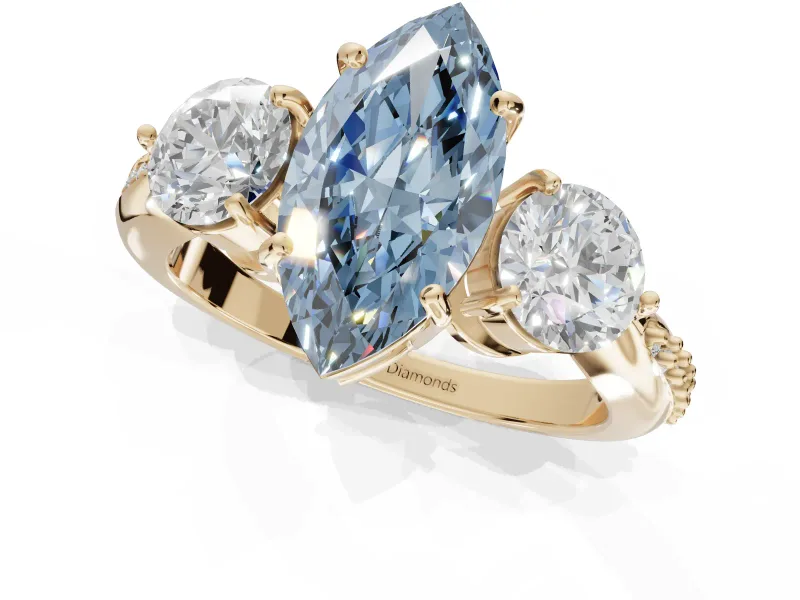 Marquise Three Stone Engagement Ring Setting for a Fancy Blue Lab-Grown Diamond | Tapered Pave Band | Yellow Gold