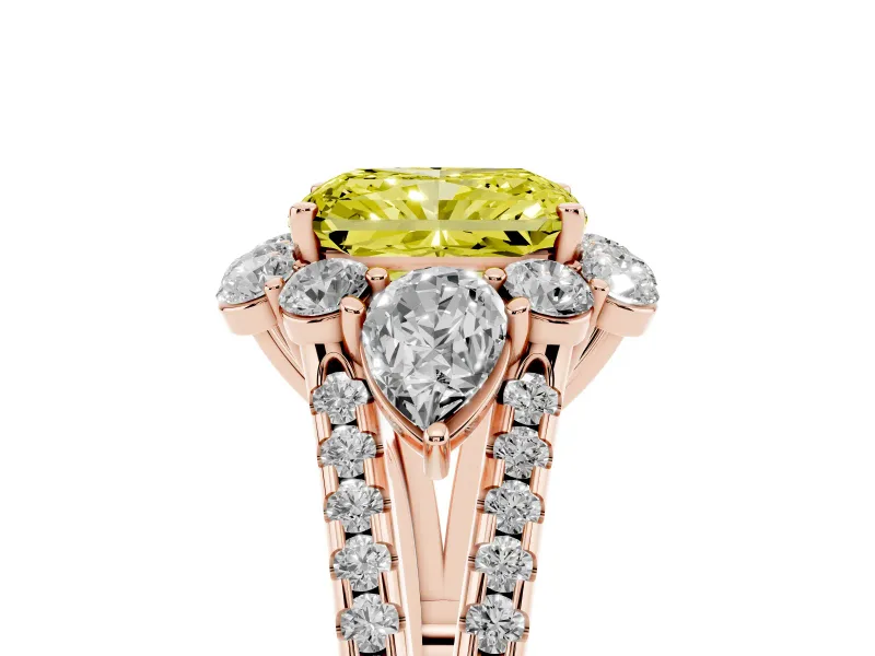 Fancy Yellow Radiant Cut Diamond Halo Split Shank Engagement Ring Set in Rose gold with Prong-Held Center Stone