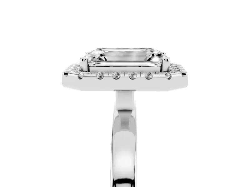 Emerald Cut Diamond Halo Solitaire Ring Set in Platinum with Pavé Band and Prong Setting