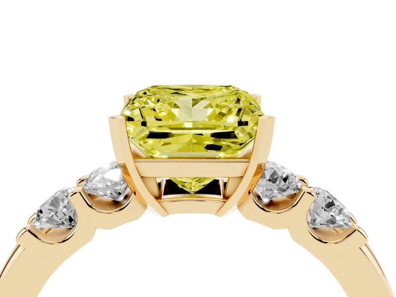 Fancy Yellow Princess Cut Diamond Five-Stone Prong Set Engagement Ring Set in Yellow gold with Channel Band
