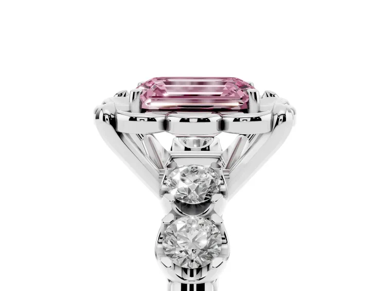 Emerald Cut Floral Engagement Ring Setting for a Fancy Pink Lab-Grown Diamond | Petal Frame and Side Stones | Platinum