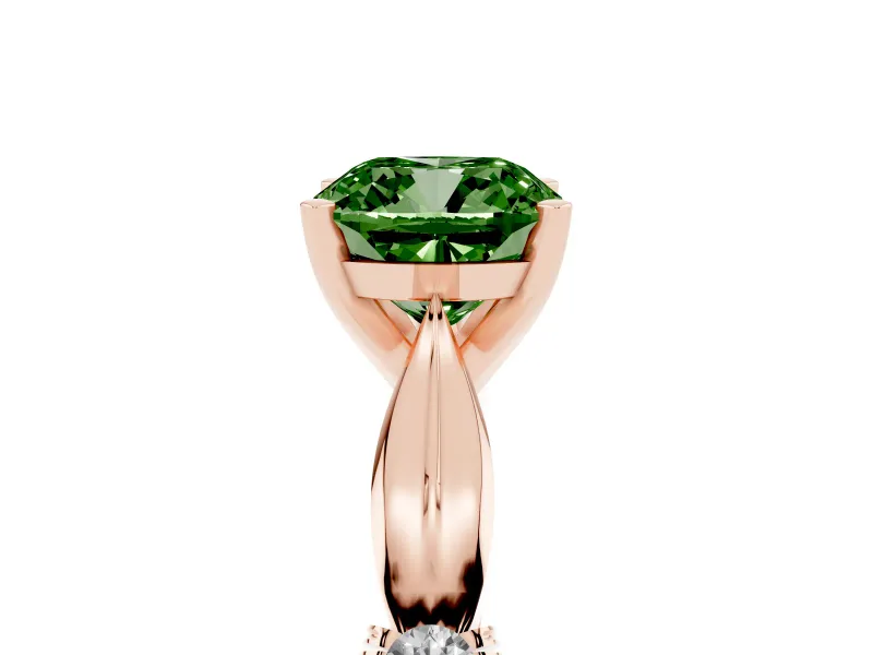 Fancy Green Cushion Cut Diamond Solitaire Twisted Band Ring Set in Rose gold with Accent Stones and Prong Setting