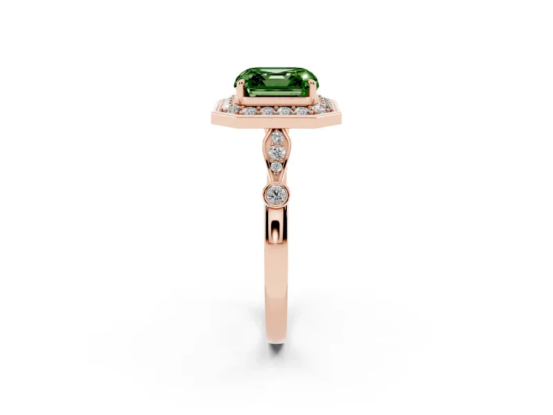 Asscher Cut Halo Engagement Ring Setting for a Fancy Green Lab-Grown Diamond | Bezel Station Shoulders | Rose Gold