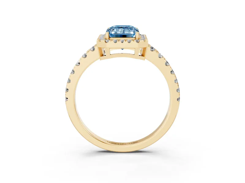 Emerald Cut Halo Engagement Ring Setting for a Fancy Blue Lab-Grown Diamond | Graduated Pavé Band | Yellow Gold