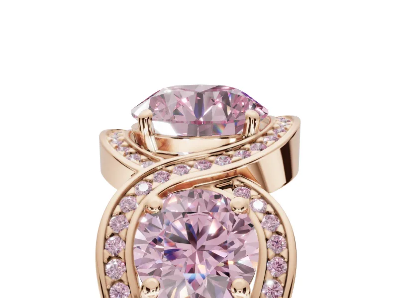 Round Three Stone Halo Engagement Ring Setting for a Fancy Pink Lab-Grown Diamond | Pavé Wave Band | Rose Gold