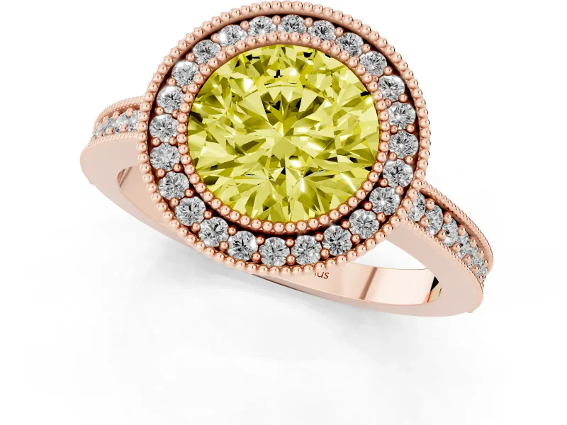 Round Milgrain Halo Engagement Ring Setting for a Fancy Yellow Lab-Grown Diamond | Pave Band | Rose Gold