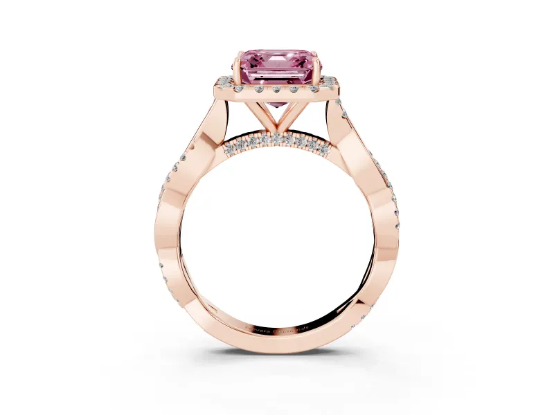 Asscher Cut Twist Halo Engagement Ring Setting for a Fancy Pink Lab-Grown Diamond | Rose Gold