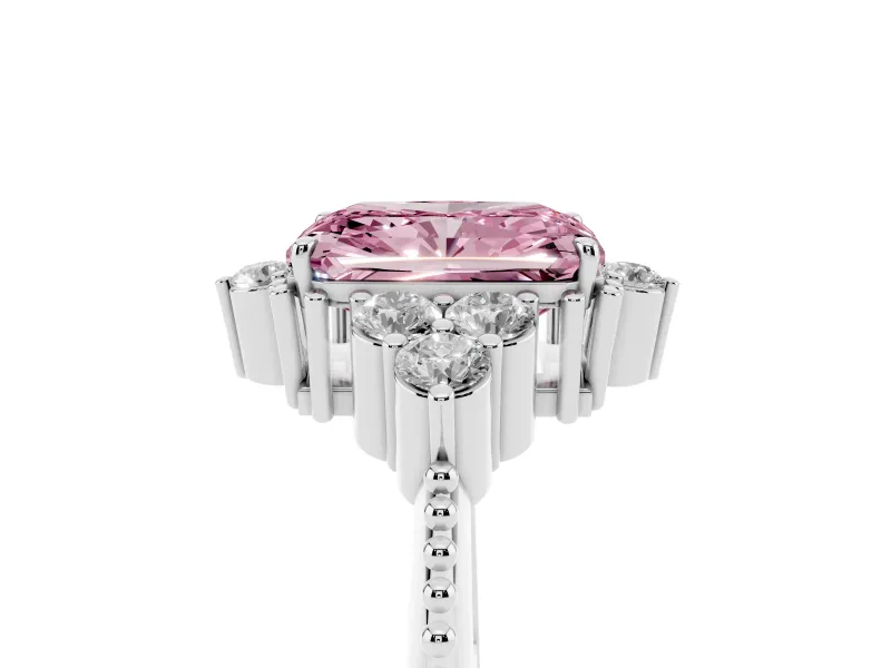 Fancy Pink Radiant Cut Diamond Cluster Ring Set in White gold with Beaded Band