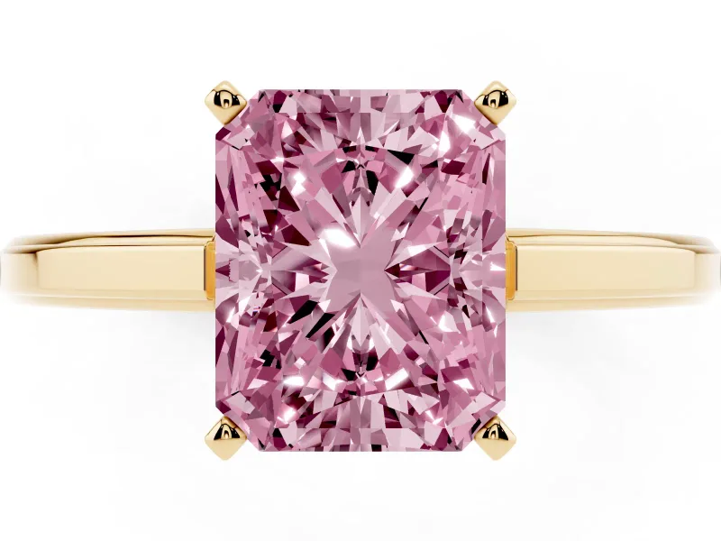 Fancy Pink Radiant Cut Diamond Solitaire Ring Set in Yellow gold with Prong Setting and Classic Band