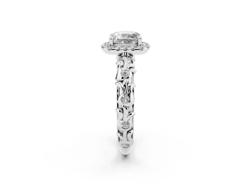 Cushion Cut Filigree Leaf Halo Engagement Ring Setting | Bezel Leaf Accents | Platinum