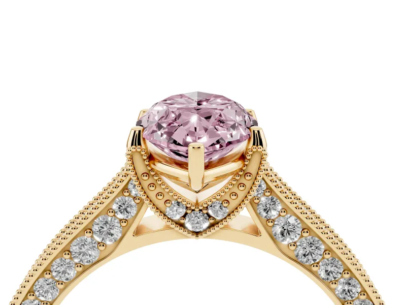 Marquise Hidden Halo Engagement Ring Setting for a Fancy Pink Lab-Grown Diamond | Milgrain Pave | Yellow Gold