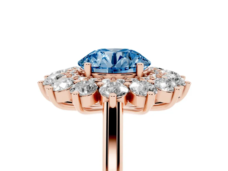 Round Floral Double Halo Engagement Ring Setting for a Fancy Blue Lab-Grown Diamond | Plain Band | Rose Gold
