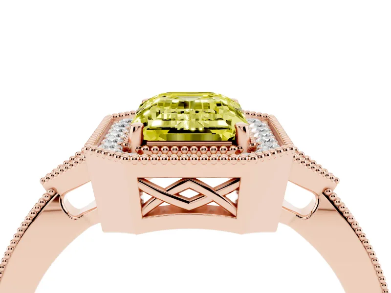 Fancy Yellow Emerald Cut Diamond Halo Engagement Ring Set in Rose gold with Milgrain Pavé Band
