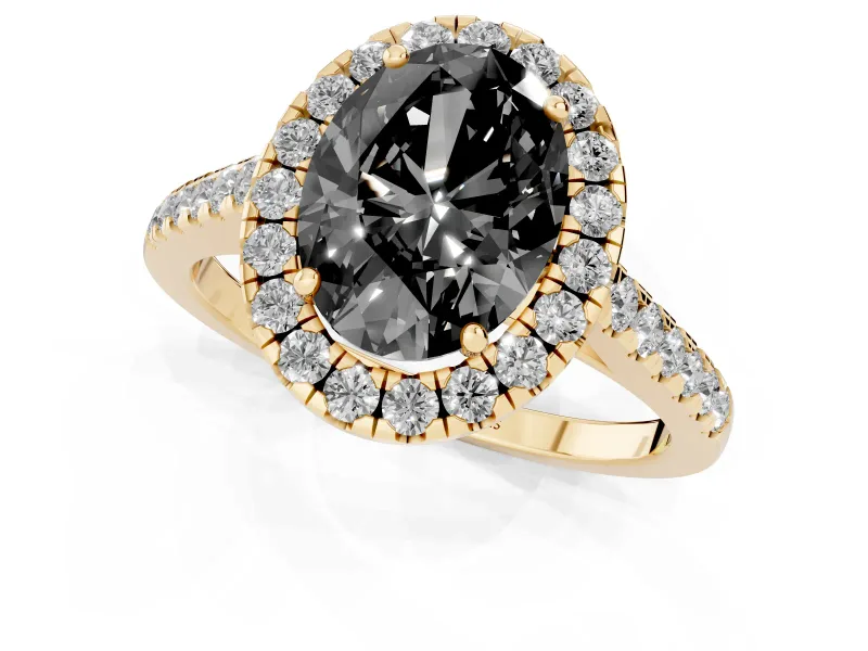 Oval Halo Engagement Ring Setting for a Black Center | Pavé Shoulders | Yellow Gold
