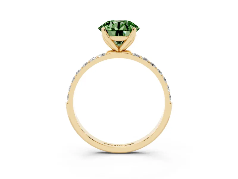 Round Pave Engagement Ring Setting for a Fancy Green Lab-Grown Diamond | Slim Band | Yellow Gold