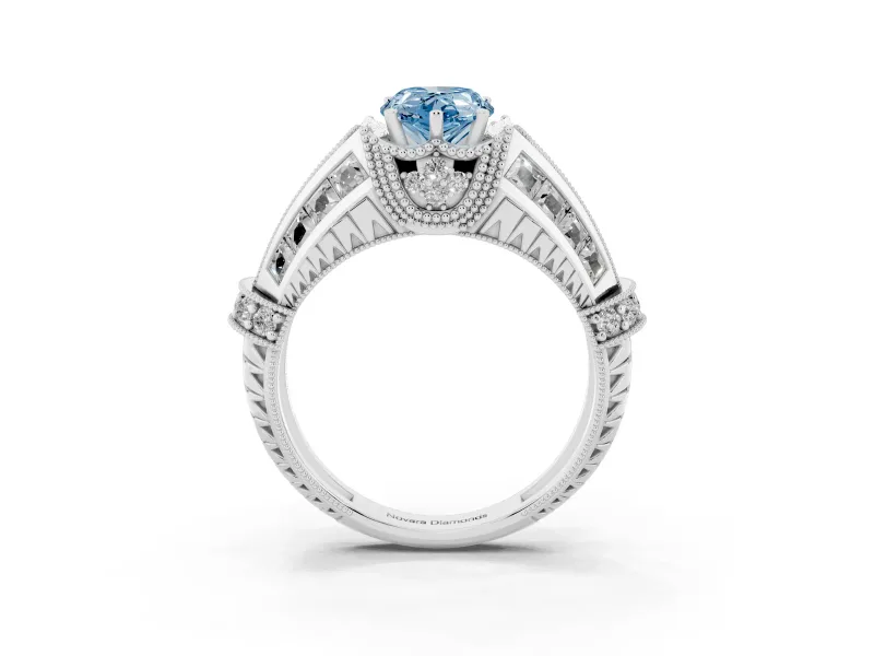 Fancy Blue Pear Cut Diamond Vintage-Inspired Milgrain Ring Set in Platinum with Accent Split Shank