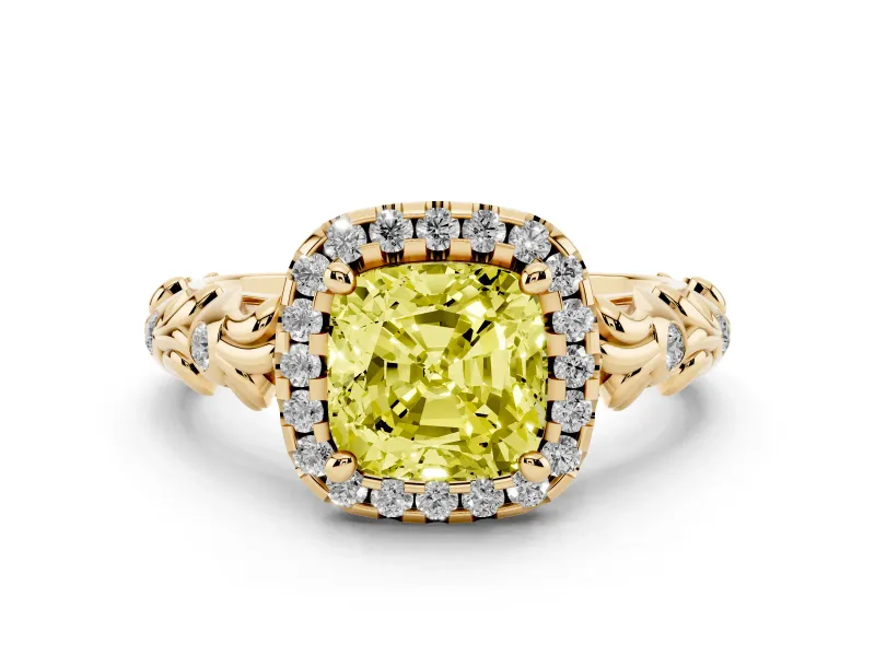 Fancy Yellow Cushion Cut Diamond Halo Ring Set in Yellow gold with Filigree Leaf Band and Prong Setting