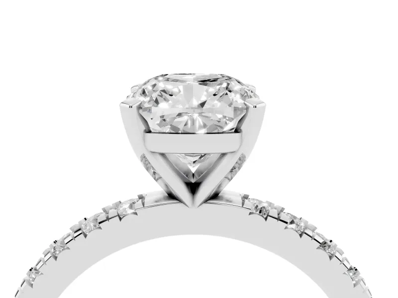 Cushion Cut Diamond Pavé Band Solitaire Set in Platinum with Prong Setting
