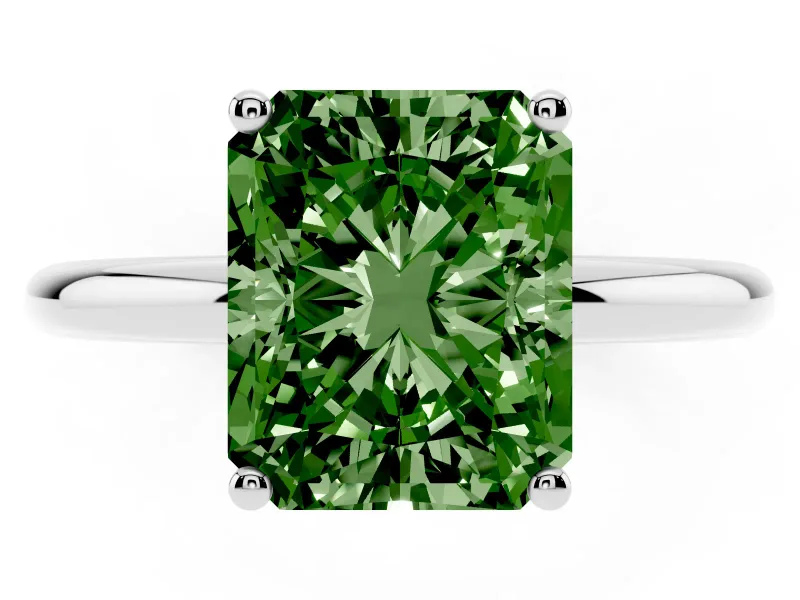 Fancy Green Radiant Cut Diamond Solitaire Engagement Ring Set in Silver with Prong Setting and Polished Band