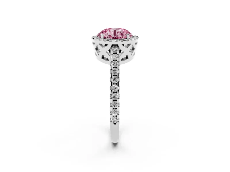 Round Halo Engagement Ring Setting for a Fancy Pink Lab-Grown Diamond | Half Pave Band | Platinum